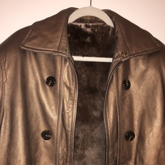 NINA RICCI leather coat with rabbit fur lining bronze metallic vintage RARE L/XL - Picture 3 of 17